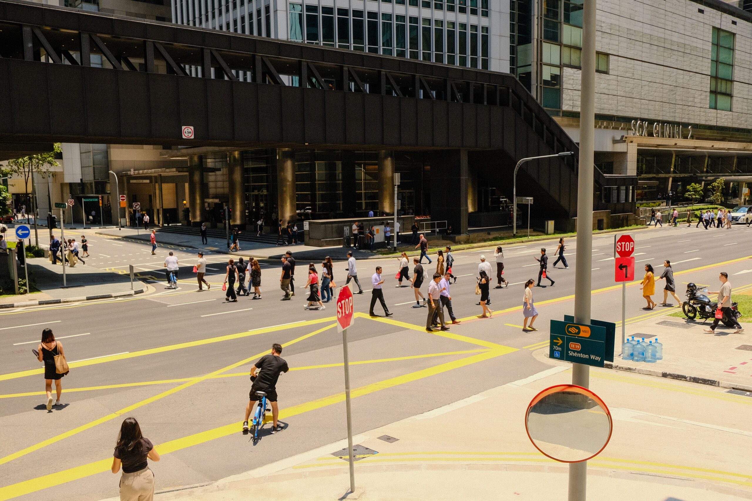 Busy city crosswalk in a downtown area