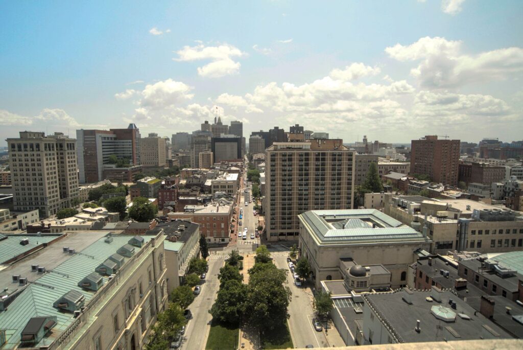 Aerial view of downtown Baltimore, Maryland, where carrying a handgun requires a Maryland Wear and Carry Permit