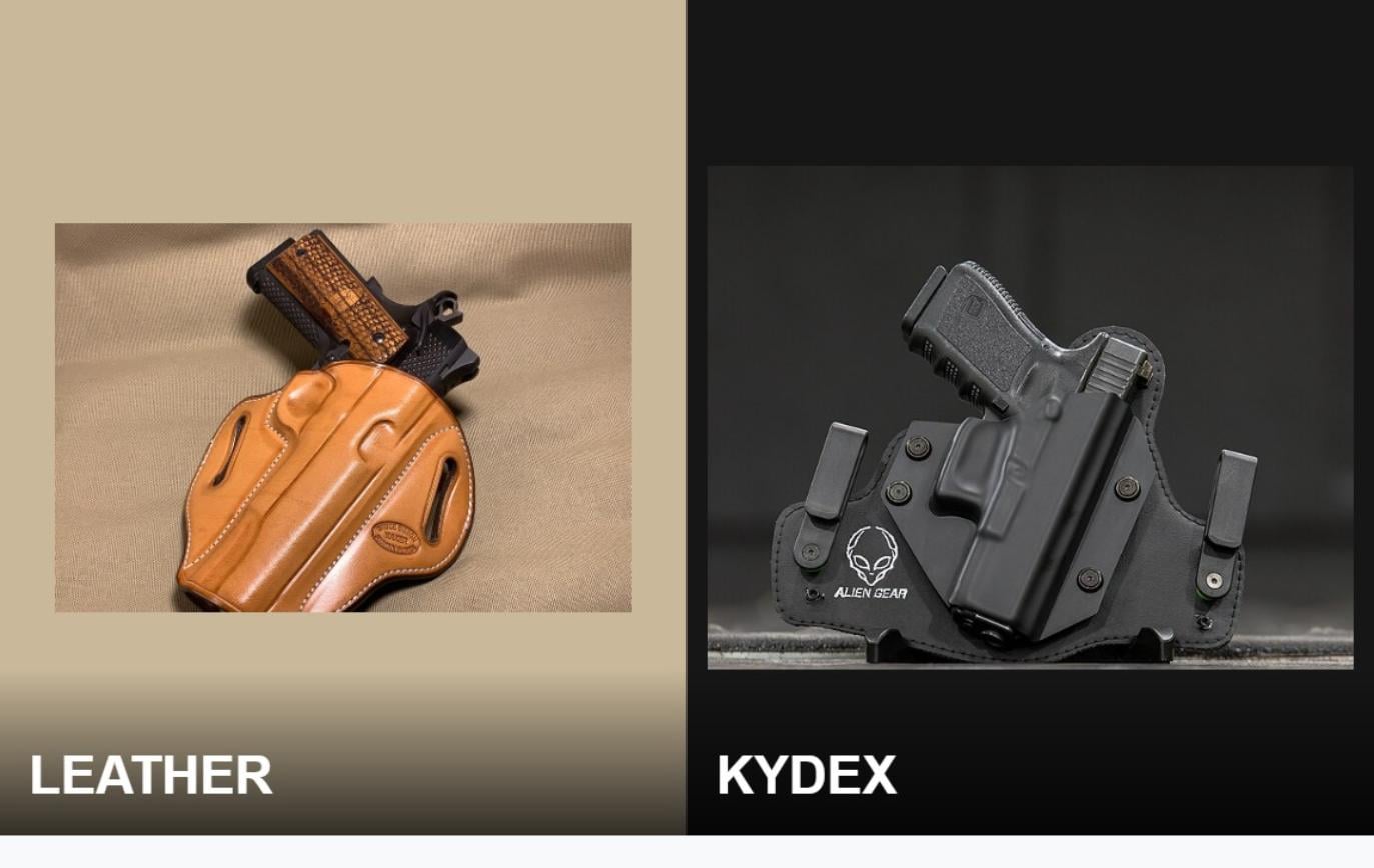 Side-by-side comparison of a modern natural leather pancake holster and a Kydex holster, illustrating the two concealed carry holster materials