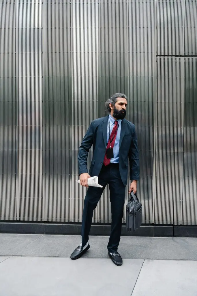 Professional in business attire carrying a briefcase in an urban business district