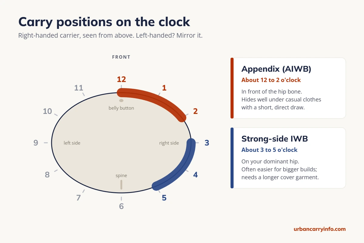 Top-down diagram of a waistline as a clock face: appendix carry sits at about 12 to 2 o'clock in front of the hip bone and strong-side IWB at about 3 to 5 o'clock on the hip, for a right-handed carrier