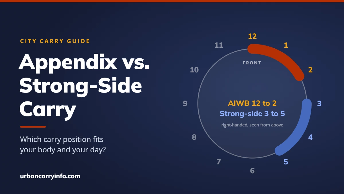 Appendix vs. strong-side carry title graphic with a clock diagram showing appendix carry at 12 to 2 o'clock and strong-side carry at 3 to 5 o'clock
