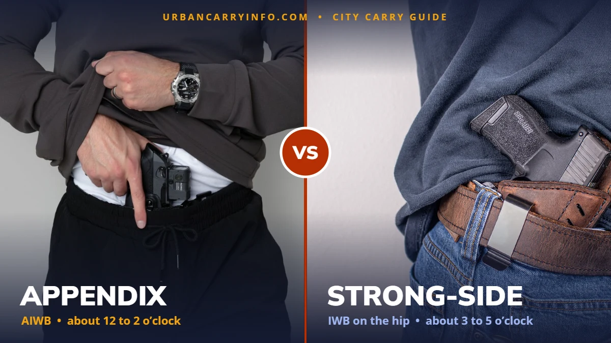 Side-by-side photos: on the left, a man lifts his quarter-zip to show a Kydex appendix holster at the front of his waistband; on the right, a compact pistol in an inside-the-waistband holster on the hip