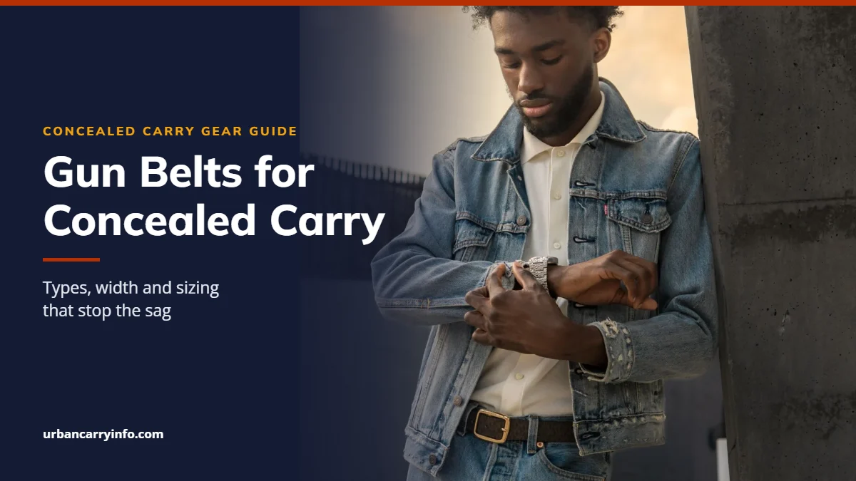A young Black man in a denim jacket and jeans with a brown leather belt, next to the title Gun Belts for Concealed Carry