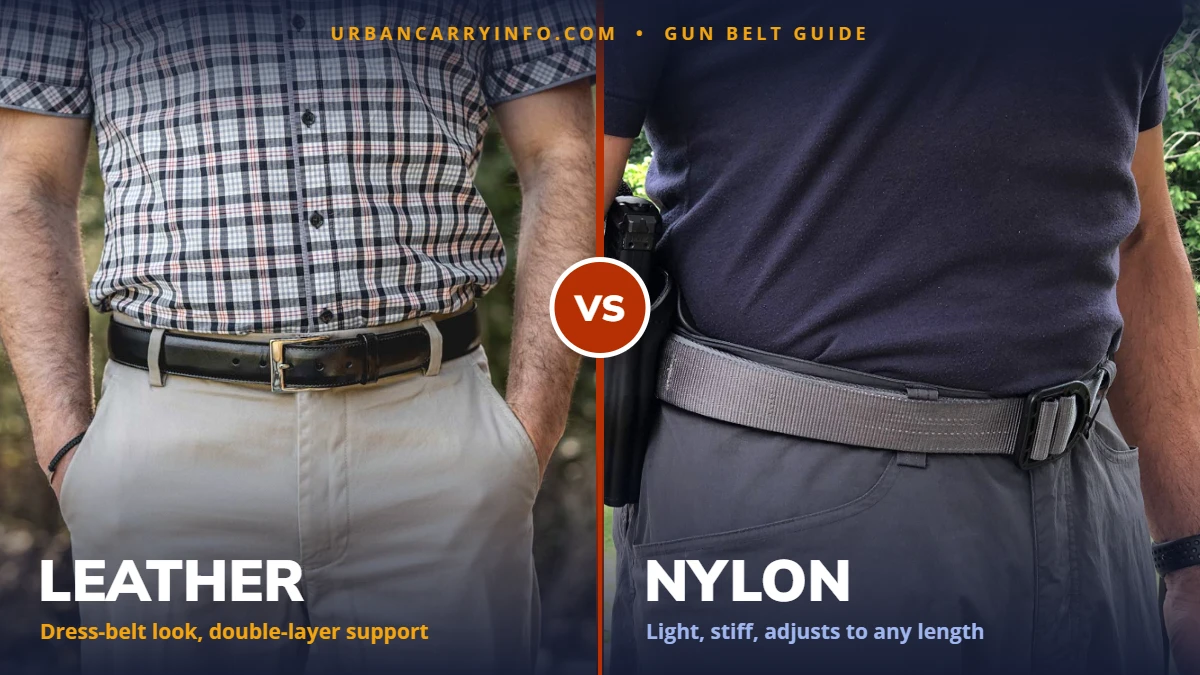 Side-by-side photos: a black Galco leather gun belt worn with khakis, next to a gray Rounded nylon gun belt worn with a holstered pistol
