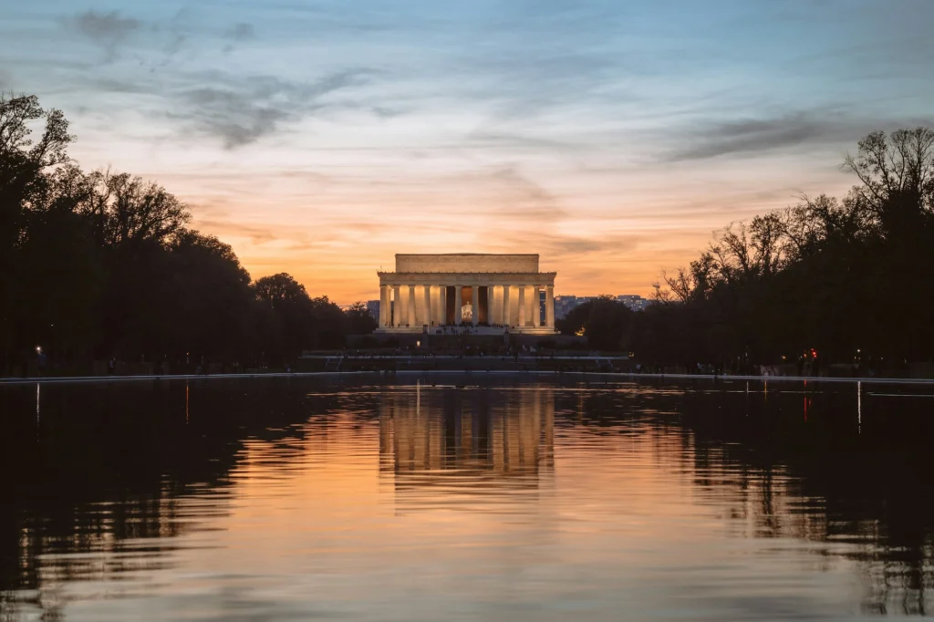 Lincoln Memorial on the National Mall at sunset