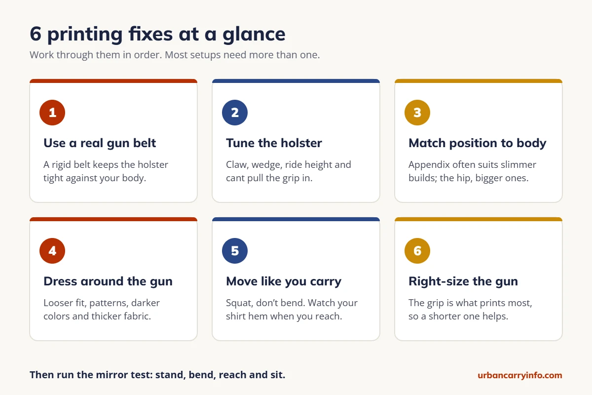 Six printing fixes: use a real gun belt, tune the holster, match position to body, dress around the gun, move like you carry, right-size the gun