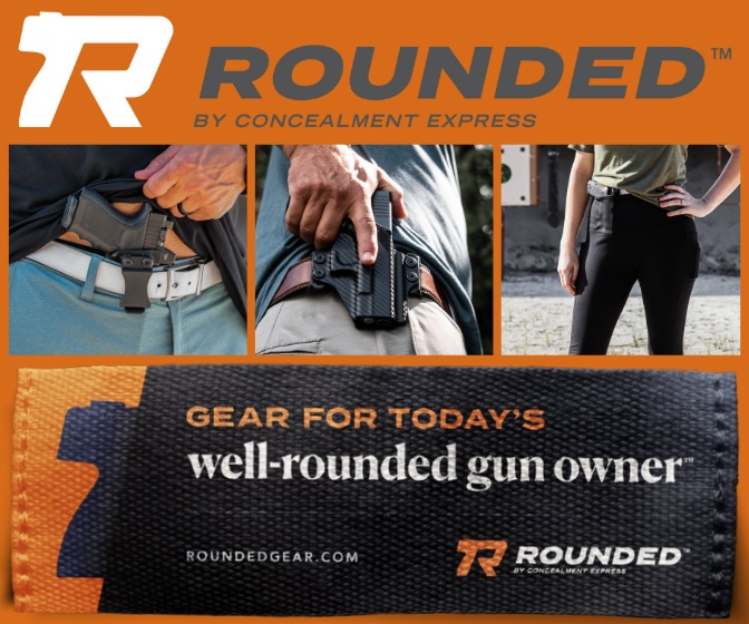 Rounded by Concealment Express banner showing modern Kydex inside-the-waistband holsters worn at the front and side of the waistband