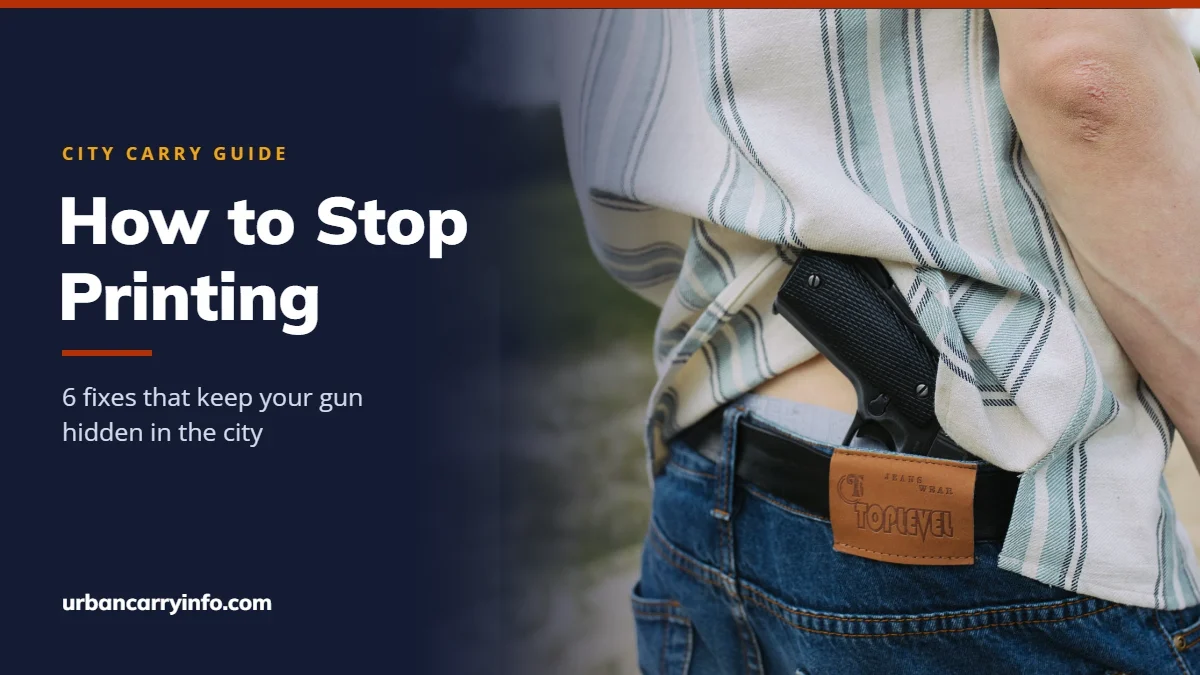 A man's untucked striped shirt caught on the grip of his waistband holster, exposing the pistol, with the title How to Stop Printing